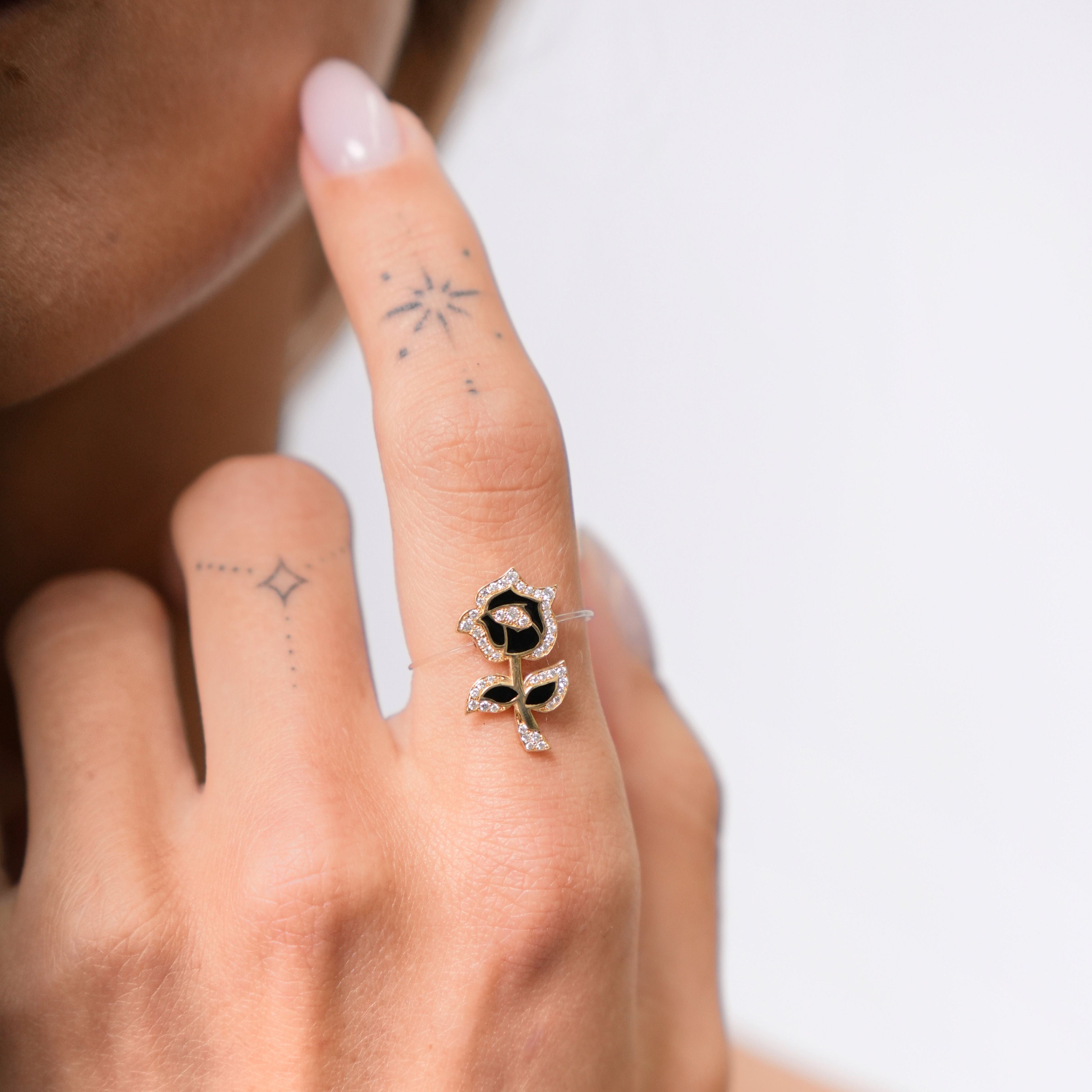 Bague nylon Rose Noire Pavée